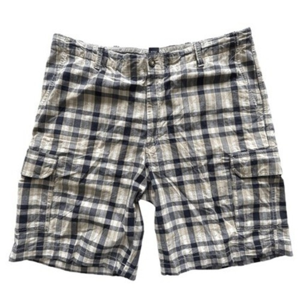 IZOD Mens Plaid Cargo Shorts Navy Blue Tan White Cotton Size 38